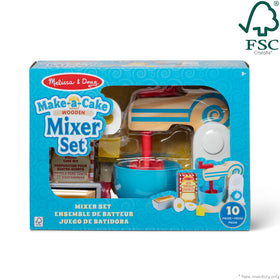 Melissa and Doug wooden make-a-cake mixer set dial and crank spins for realism.