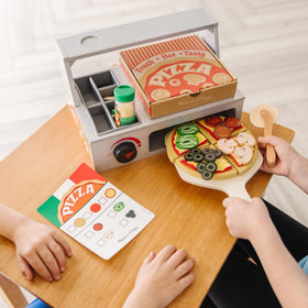 Melissa & Doug wooden pizza cutter and rolling cutter ready for slicing pretend pies.