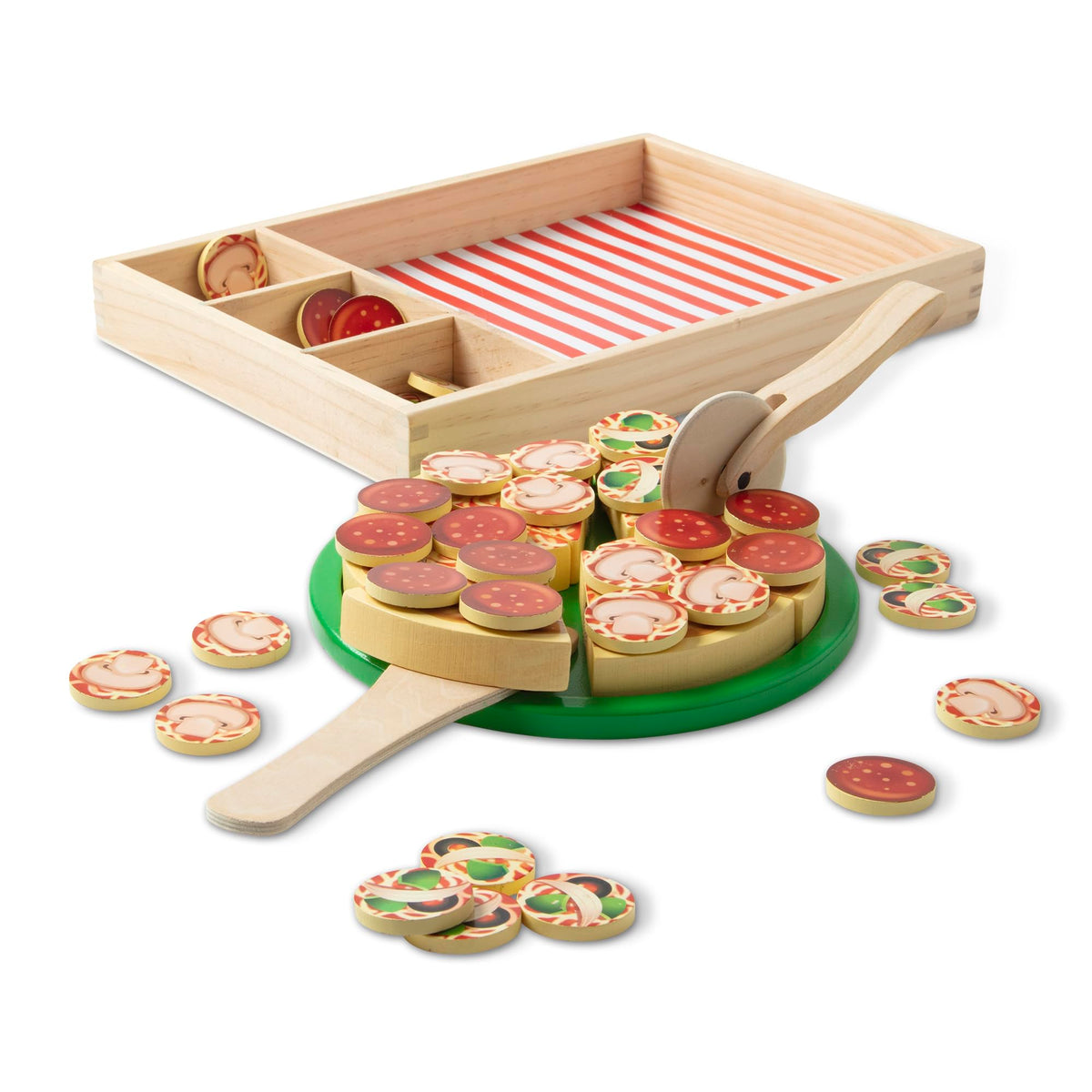 Melissa & Doug wooden pizza party tray with six slices for creative play