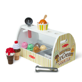 Melissa & Doug wooden scoop & serve ice cream counter with colorful scoops for pretend play.