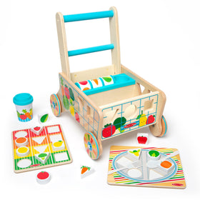 Melissa & Doug wooden shape sorting grocery cart for pretend shopping and early learning.