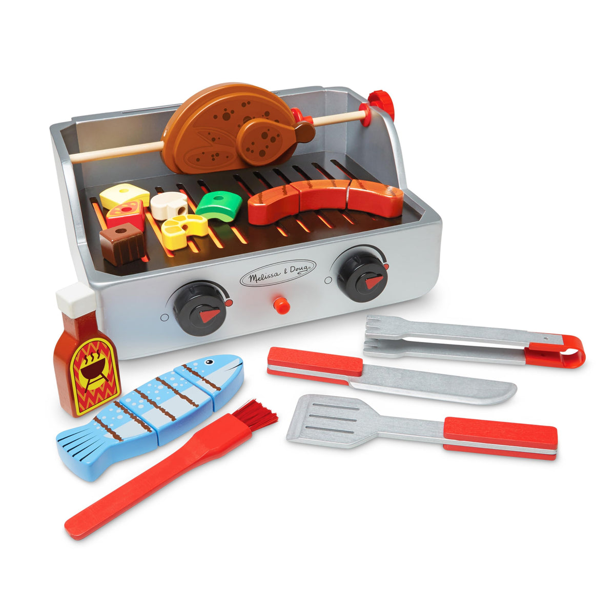 Melissa & Doug wooden shrimp on the grill supports fine motor practice.