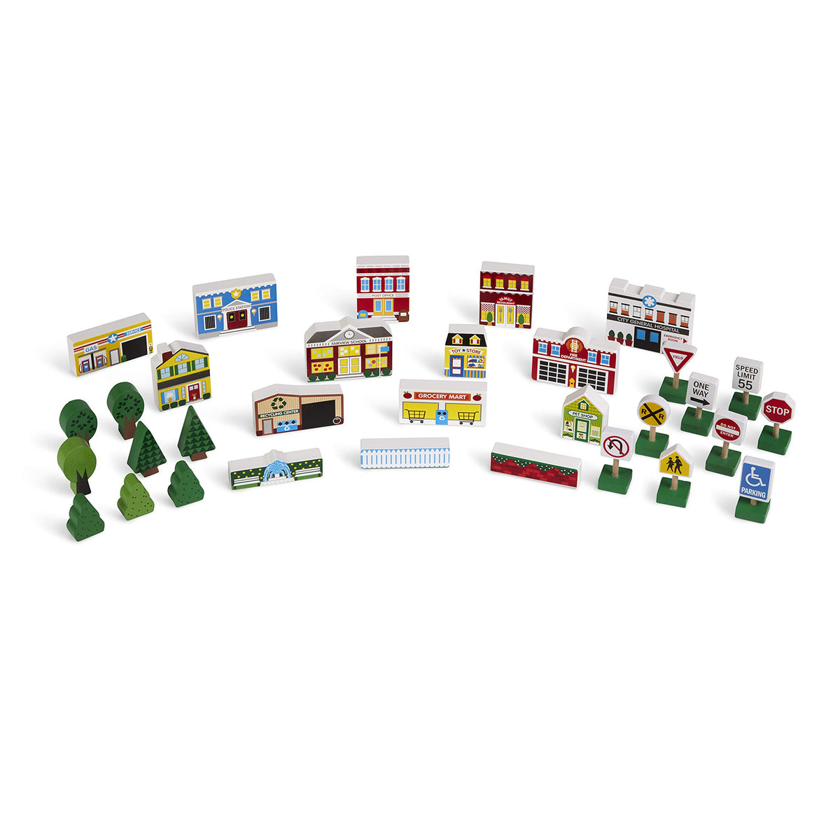 Melissa & Doug wooden town buildings invite imaginative play and easy neighborhood setup.