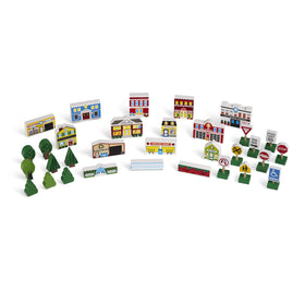 Melissa & Doug wooden town buildings invite imaginative play and easy neighborhood setup.