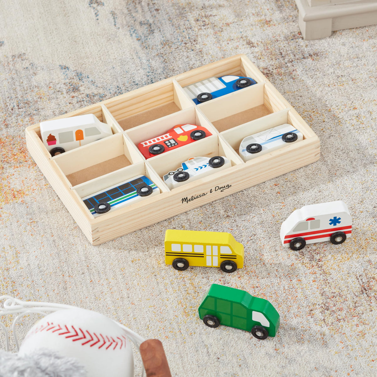 Melissa & Doug wooden town delivery truck for sequencing play and organization.
