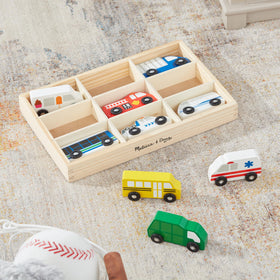 Melissa & Doug wooden town delivery truck for sequencing play and organization.