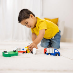 Melissa & Doug wooden town mail truck for role-play and fine motor practice.