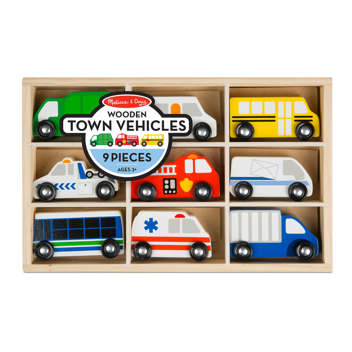Melissa & Doug wooden town school bus for colorful storytelling and pretend classroom.