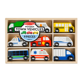 Melissa & Doug wooden town school bus for colorful storytelling and pretend classroom.