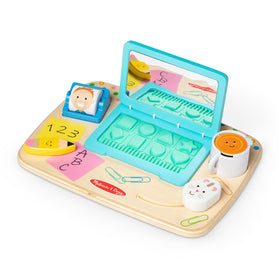 Melissa & Doug wooden work and play board with lid open for engaging fine motor exploration.