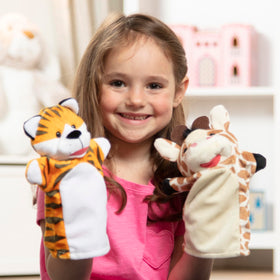 Close-up of friendly faces and plush textures on Zoo Friends puppets
