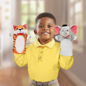 Hands-on play with Melissa & Doug Zoo Friends Hand Puppets fosters shared activity