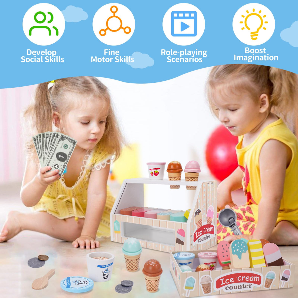 Melofaver popsicles enhance sensory exploration and vocabulary during pretend shop scenarios.