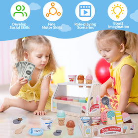 Melofaver popsicles enhance sensory exploration and vocabulary during pretend shop scenarios.