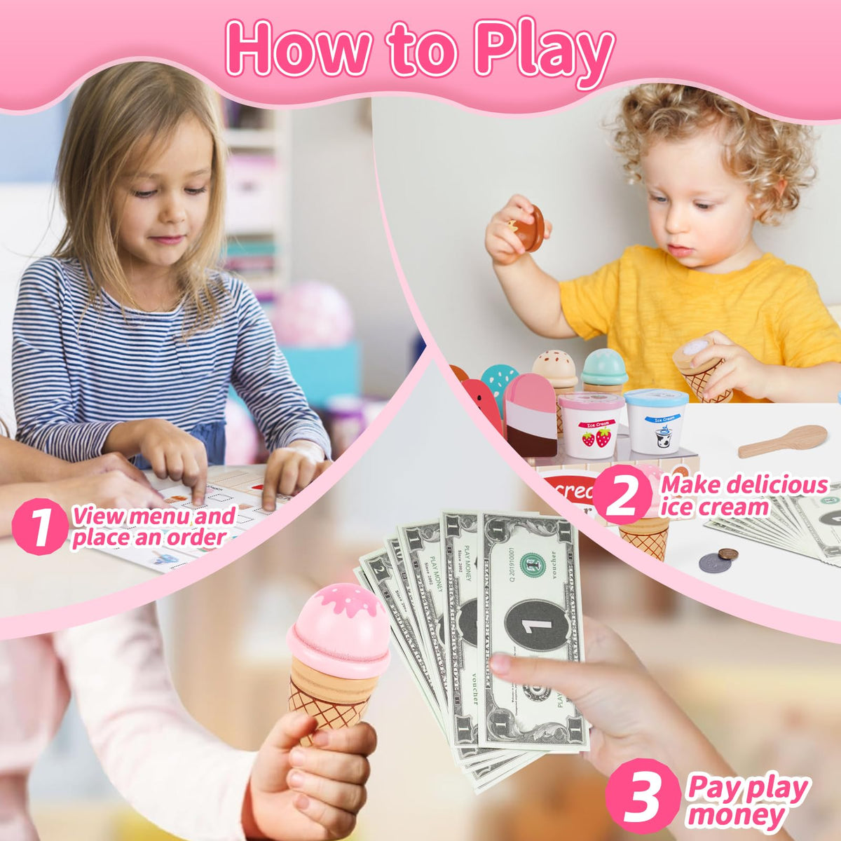 Melofaver ice-cream shop playset encourages cooperative play and language development.