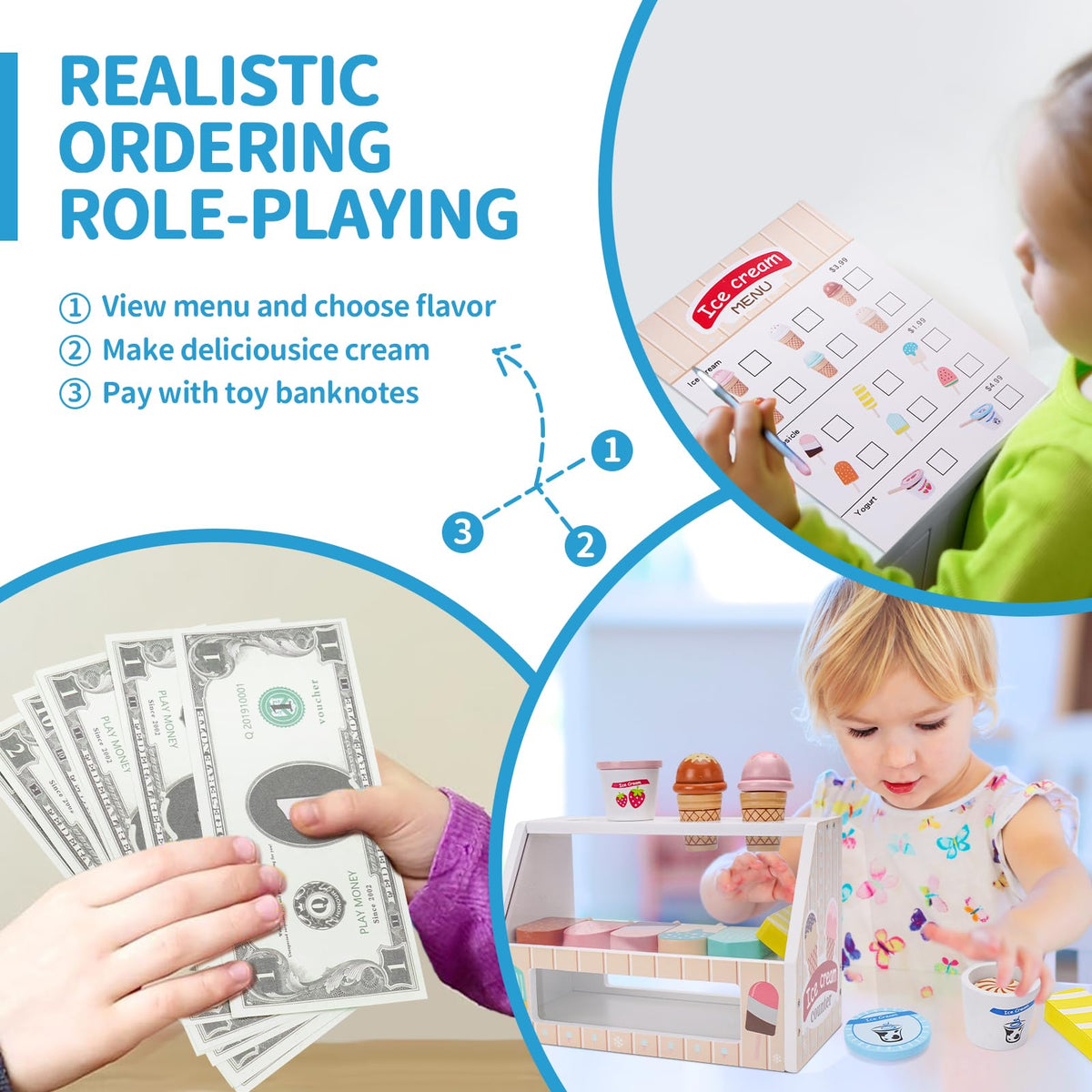 Melofaver play money and menu boost counting during pretend ice-cream shop.