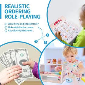 Melofaver play money and menu boost counting during pretend ice-cream shop.
