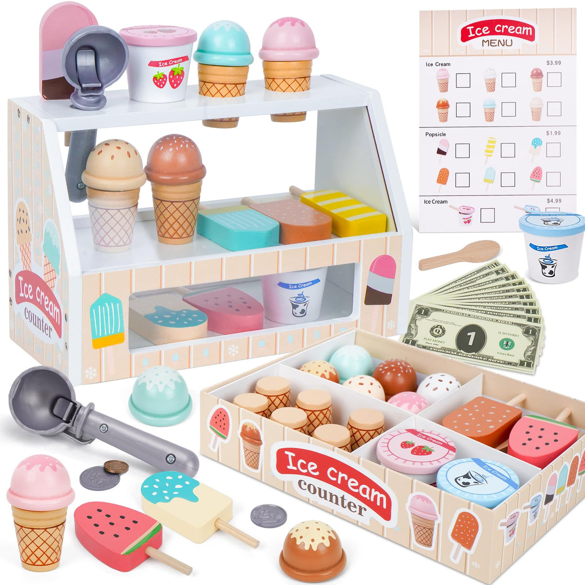 Melofaver wooden ice cream counter promotes imaginative play and early counting skills.