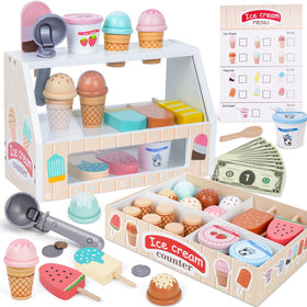 Melofaver wooden ice cream counter promotes imaginative play and early counting skills.