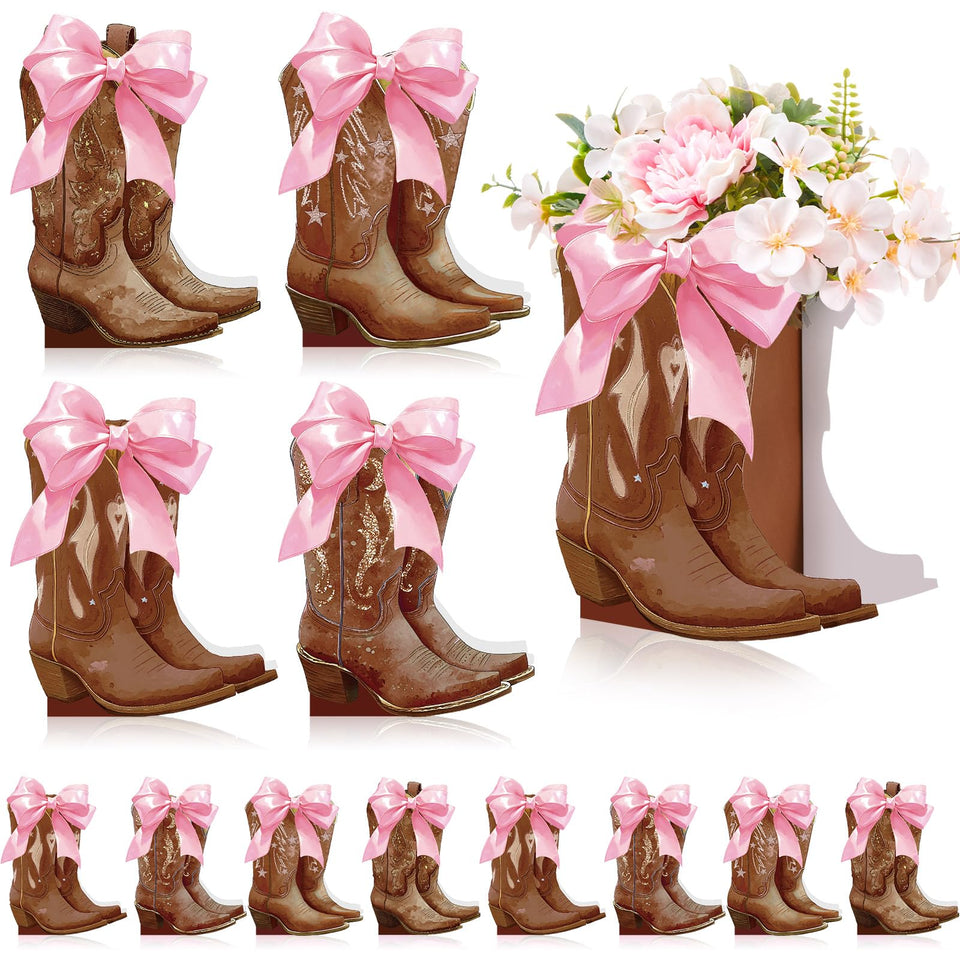 Memorywuu brown cowboy boot box centerpiece on display for western table decor