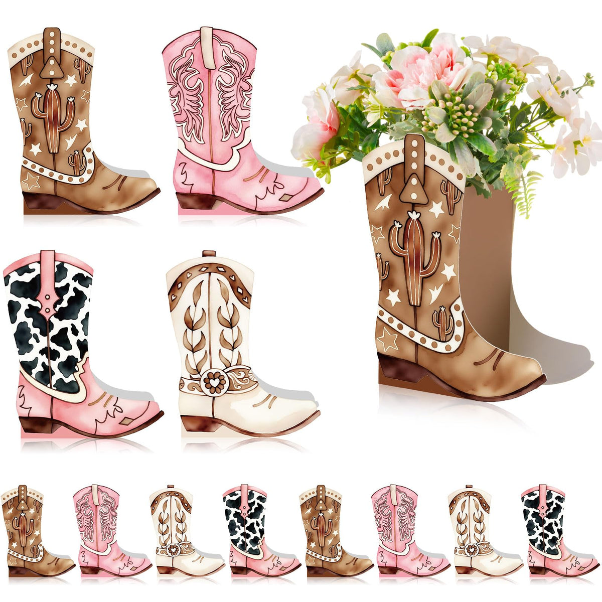 Memorywuu cowgirl boots centerpiece packaging shows four styles for Western events