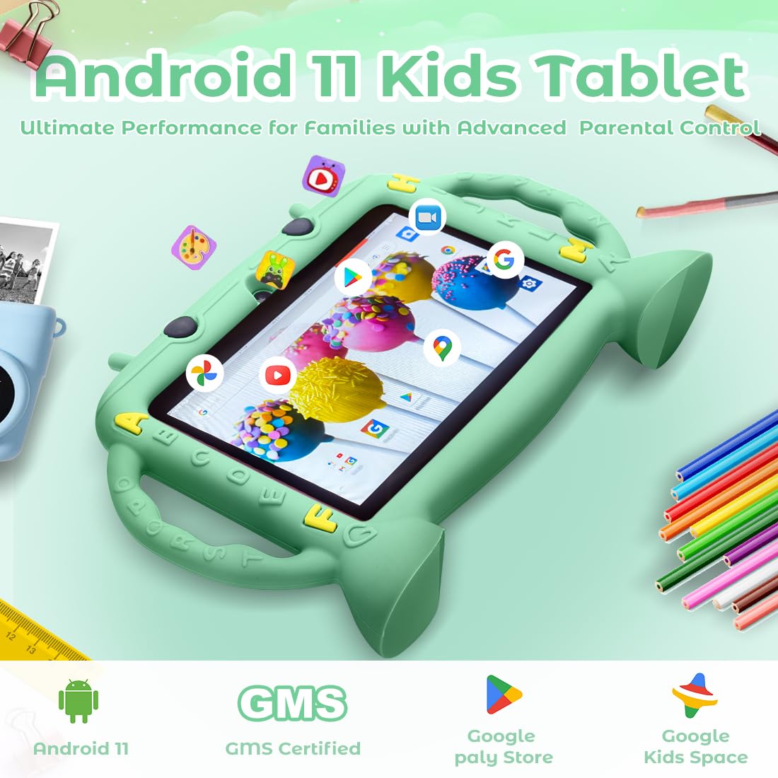 MengDash kids tablet 7-inch back view, showing durable protective casing
