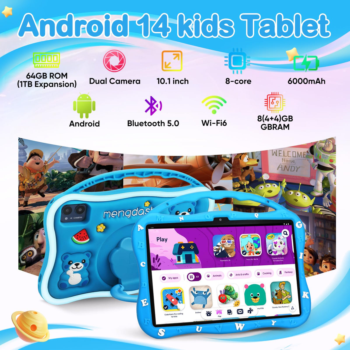 MengDash Kids Tablet blue side view showing portable design for travel