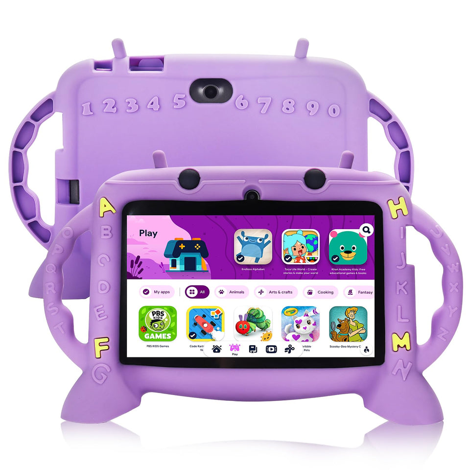 MengDash Kids Tablet purple, front view, ideal for learning and play with a sturdy design