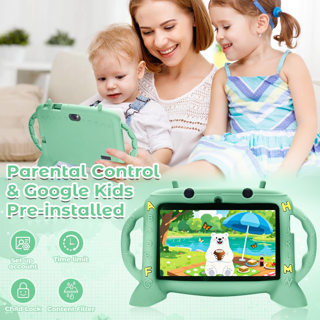 MengDash tablet mint green case view emphasizing protection and kid-friendly design