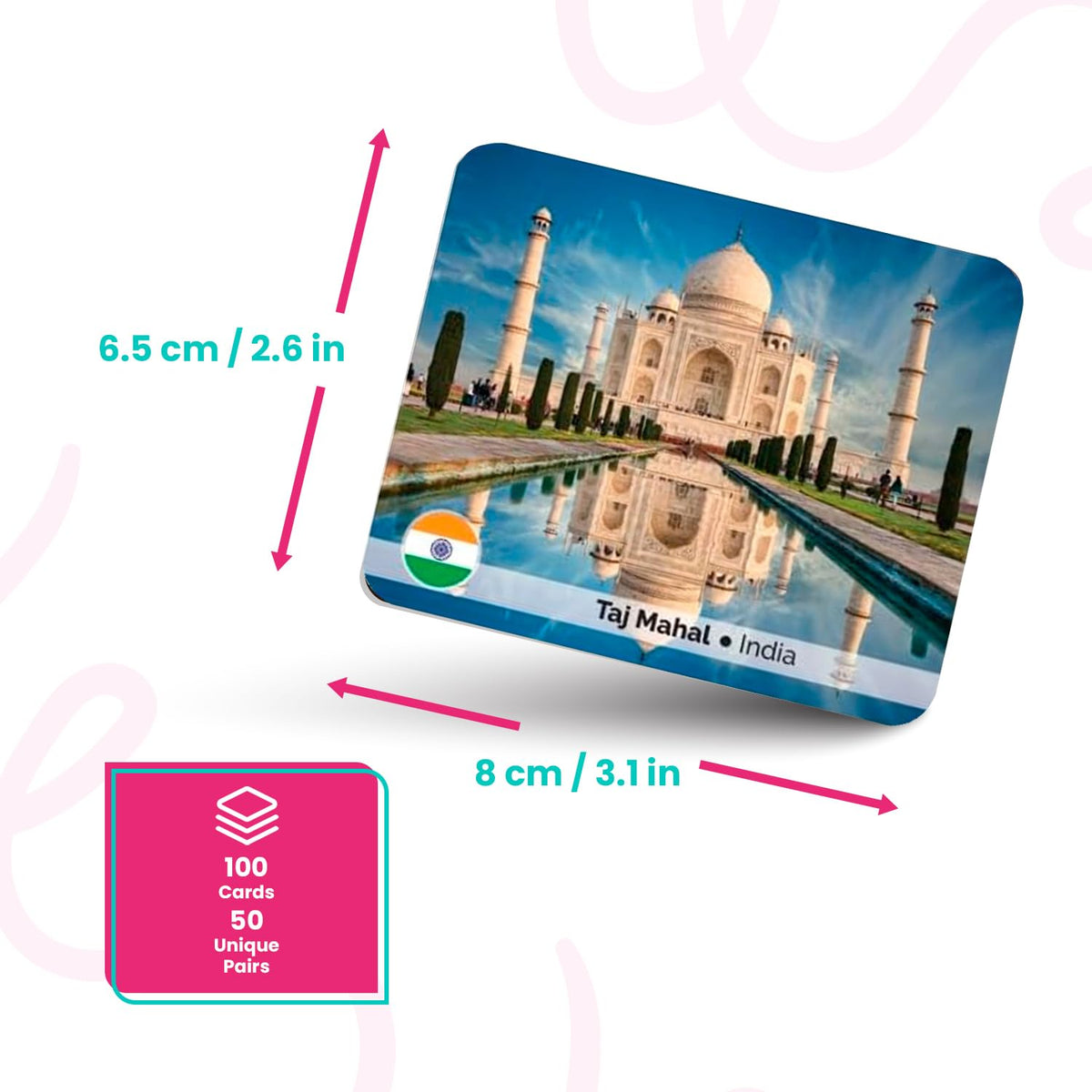 Menique Explore the World landmark card featuring Taj Mahal for world heritage