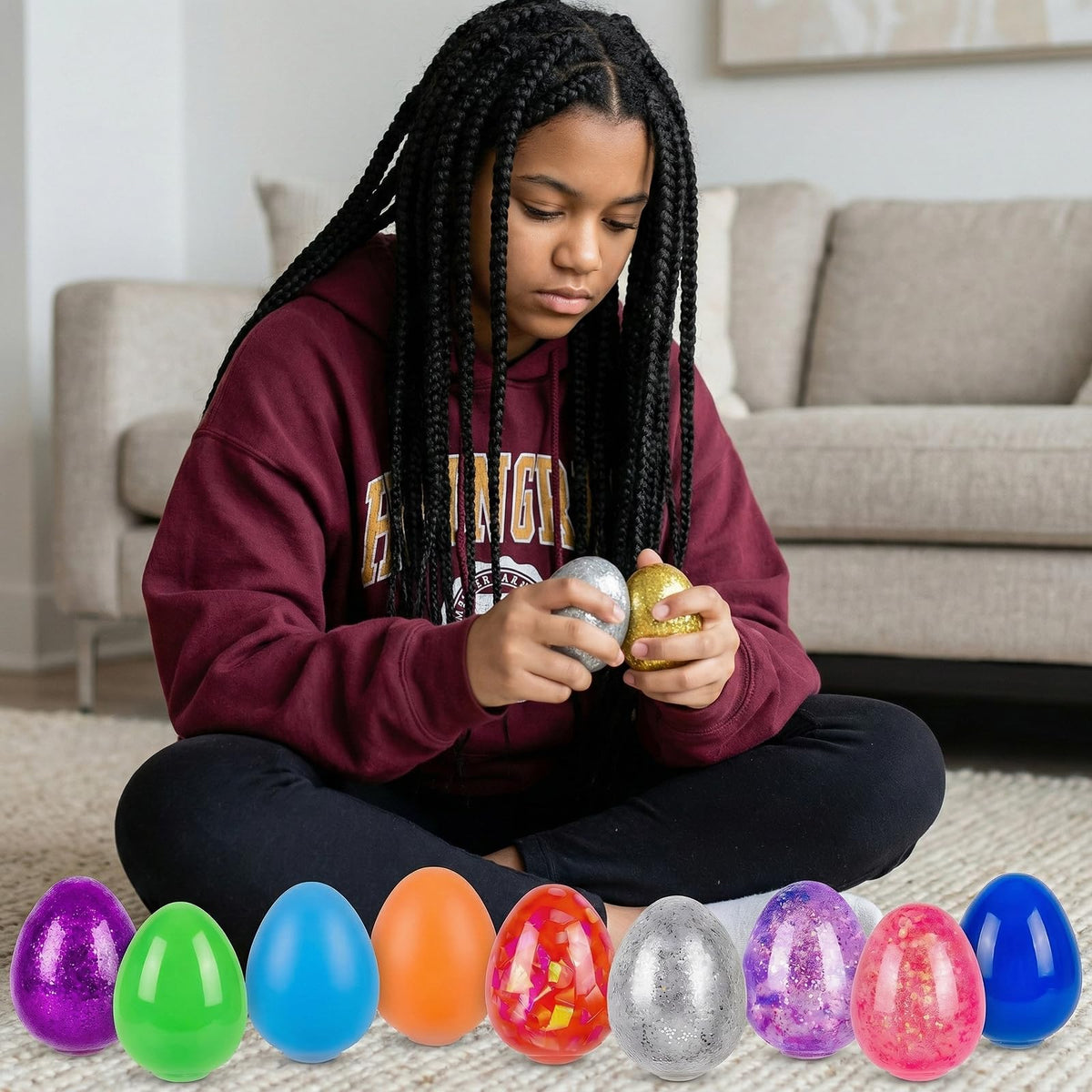Menzcci egg squishy toy designed for stress relief and sensory exploration at home or school.