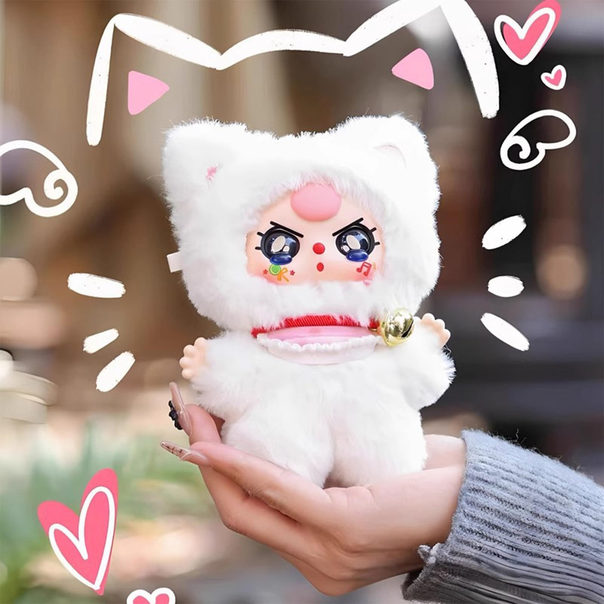 Meokro lucky cat plush carried as a backpack charm