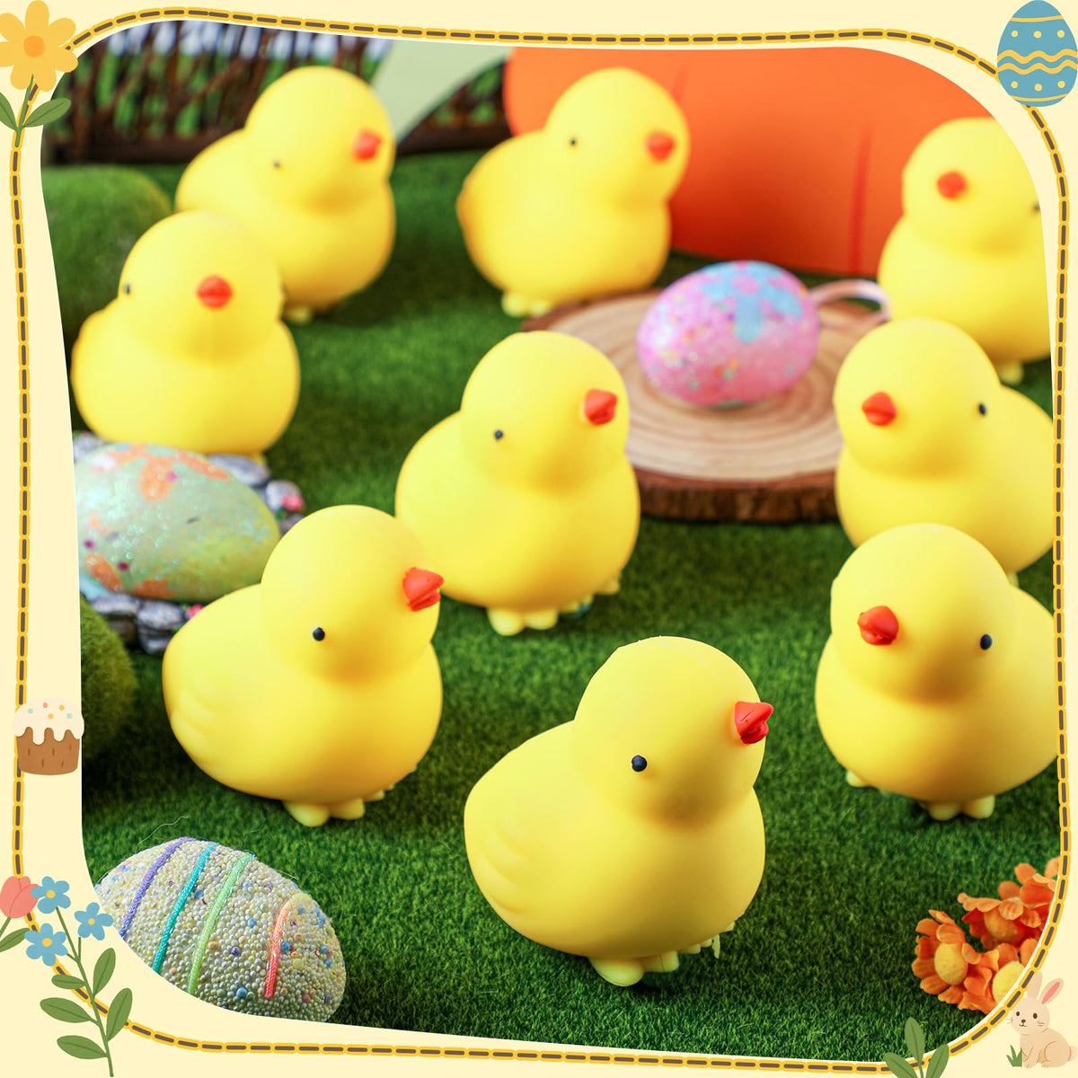 Meooeck chick stress ball shown as Easter or birthday party decor.