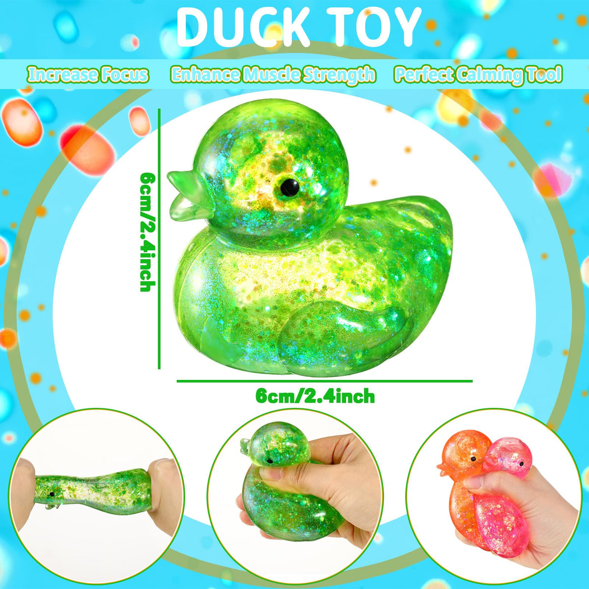 Meooeck glitter duck stress ball close-up showing glitter texture
