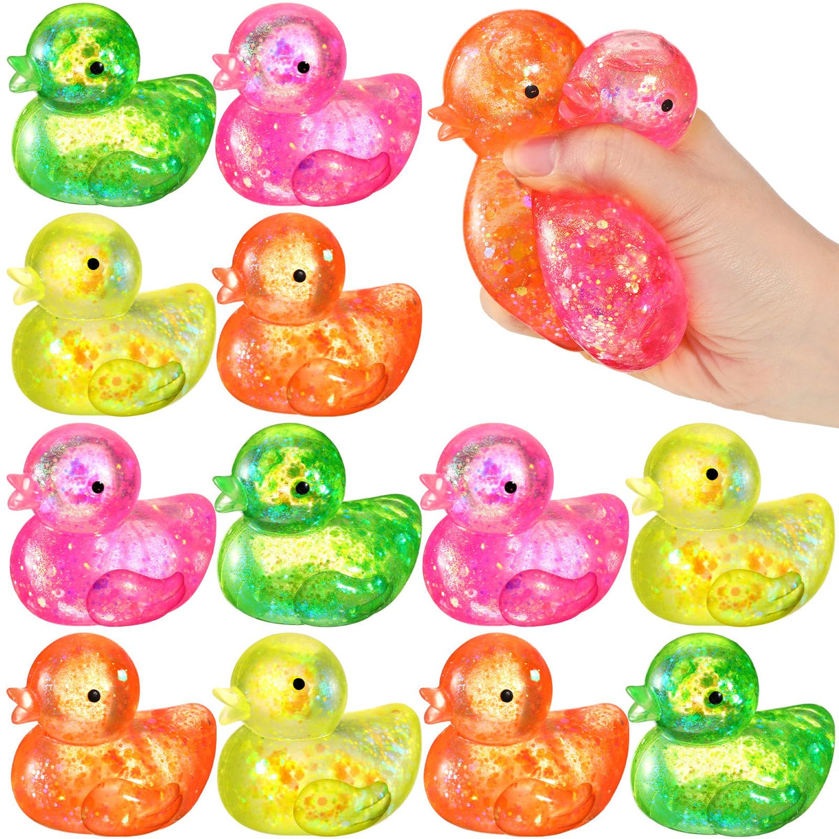 Meooeck duck stress relief toys in a 12-pack packaging, ideal for events