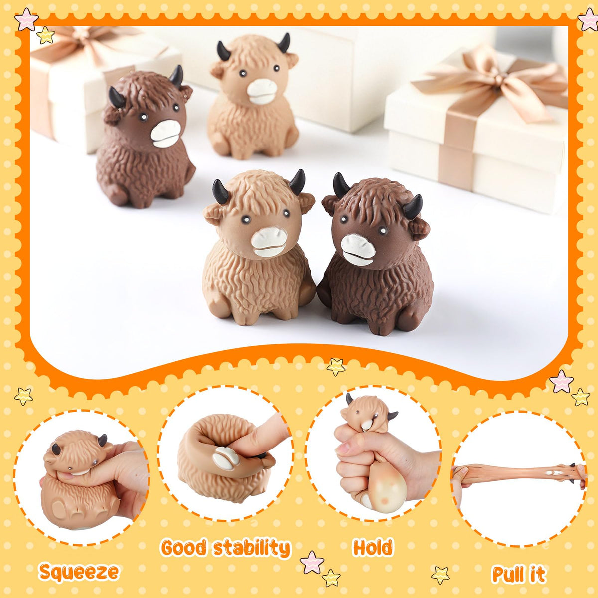 Meooeck Highland Cow stress balls used as prizes to add playful incentive