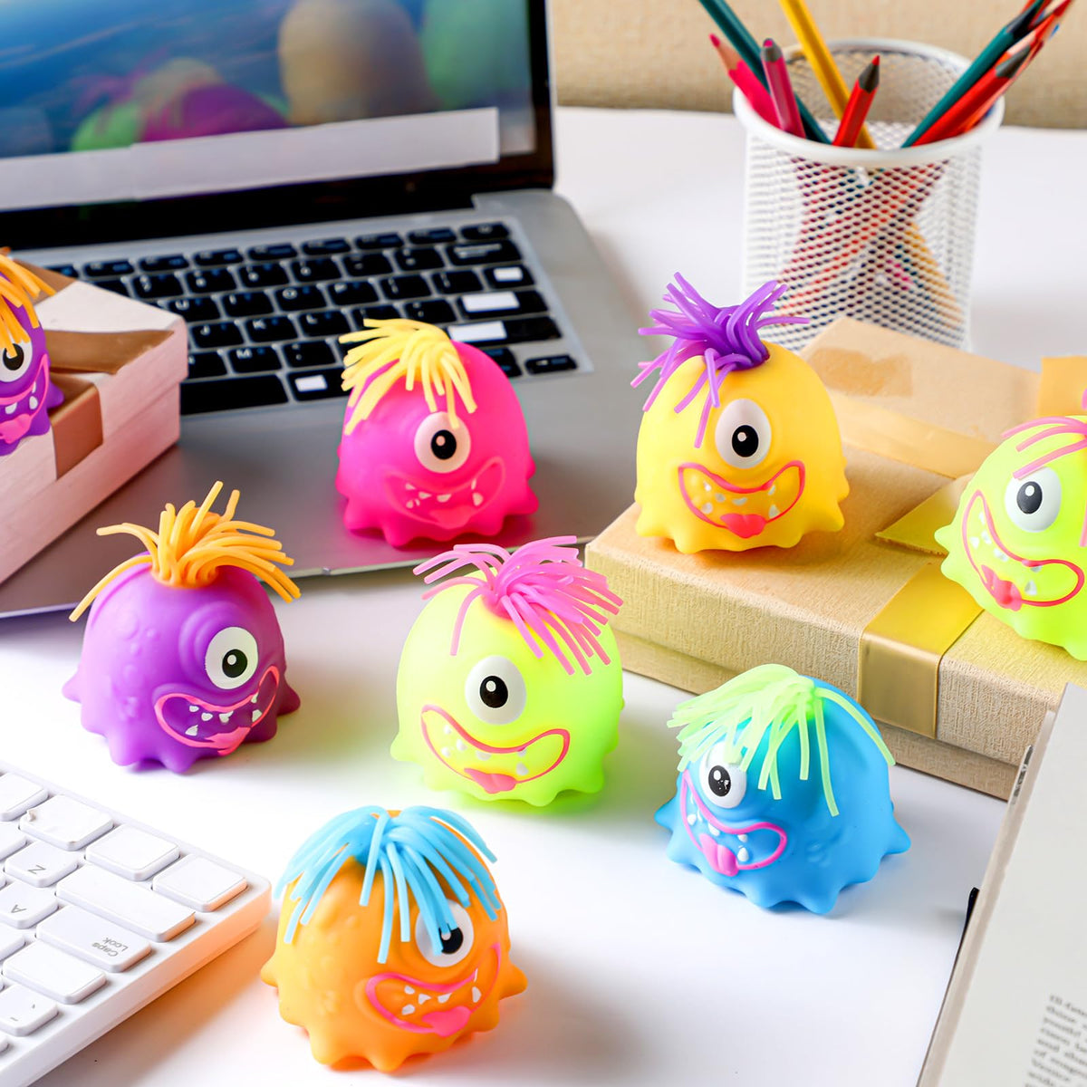Meooeck monster stress ball closeup highlighting soft, stretchable surface.