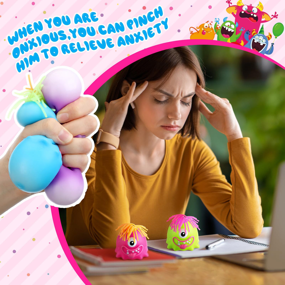 Meooeck monster stress ball side view showing compact, portable squeeze design.