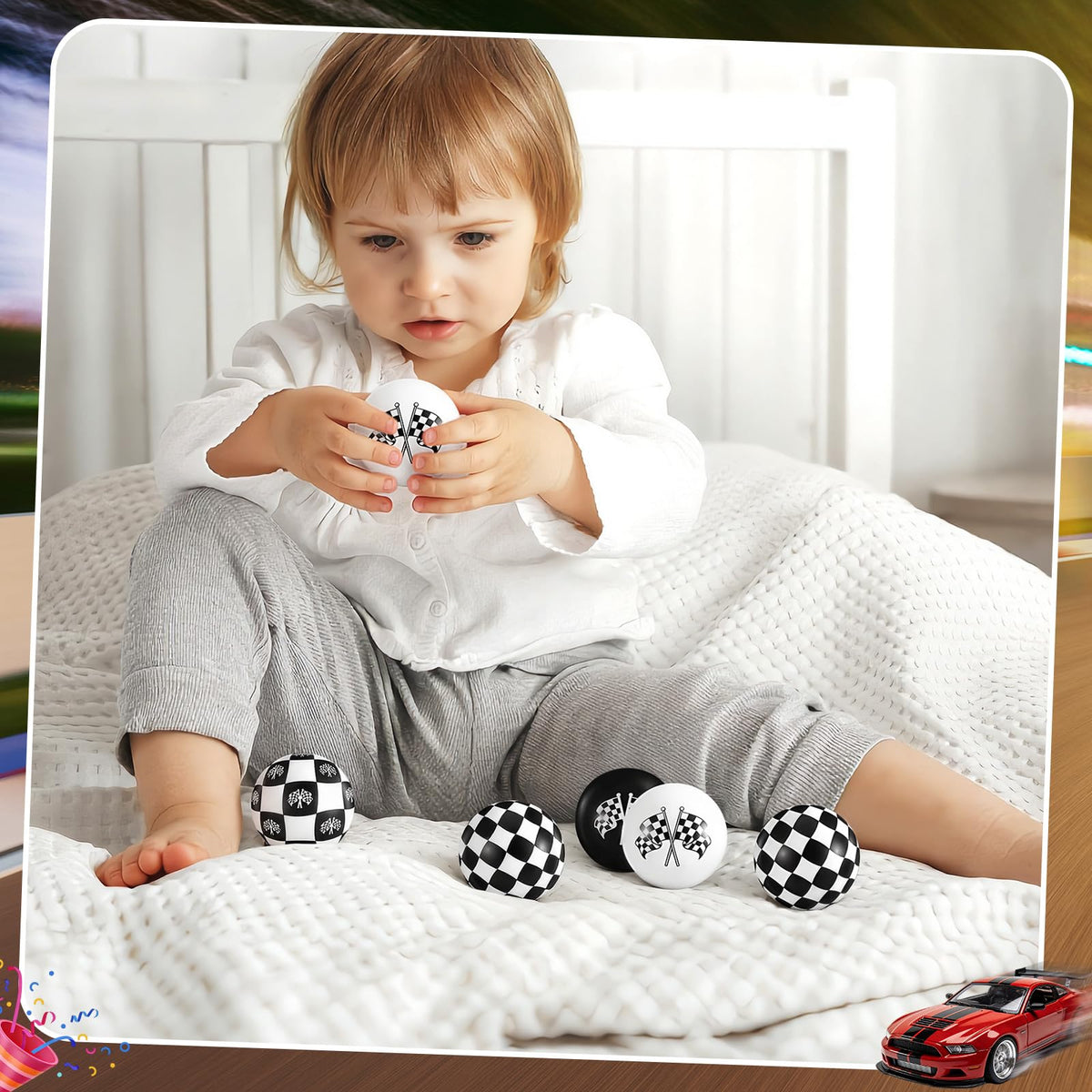 Party decor and gift filler using black-and-white race car stress balls