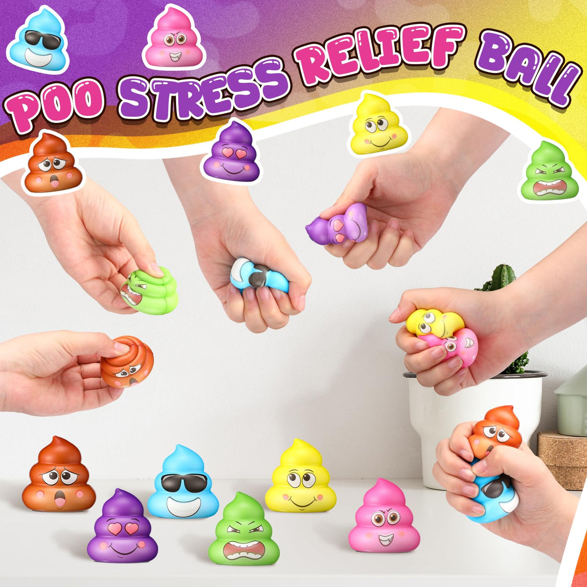 Meooeck poop stress ball held in hand for portable fidget on the go