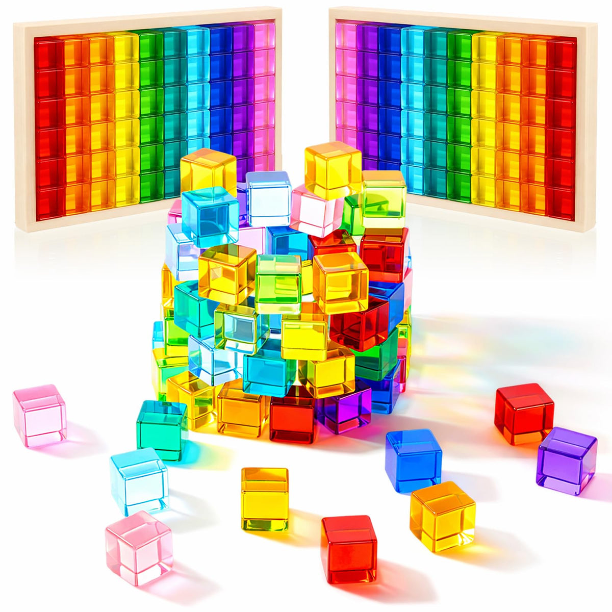 Meooeck rainbow acrylic cubes set for colorful building play and color learning.
