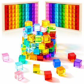 Meooeck rainbow acrylic cubes set for colorful building play and color learning.