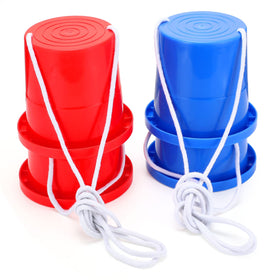 Meooeck red bucket stilts for balance practice and color recognition.