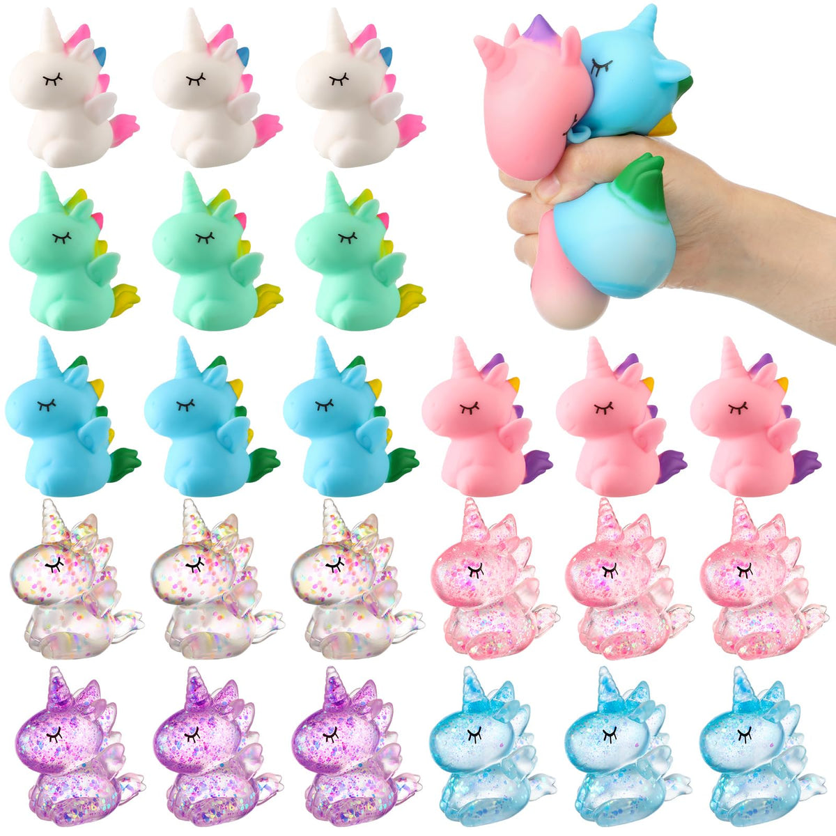 Meooeck unicorn stress ball pack: 24 colorful pieces for parties and desk fun.