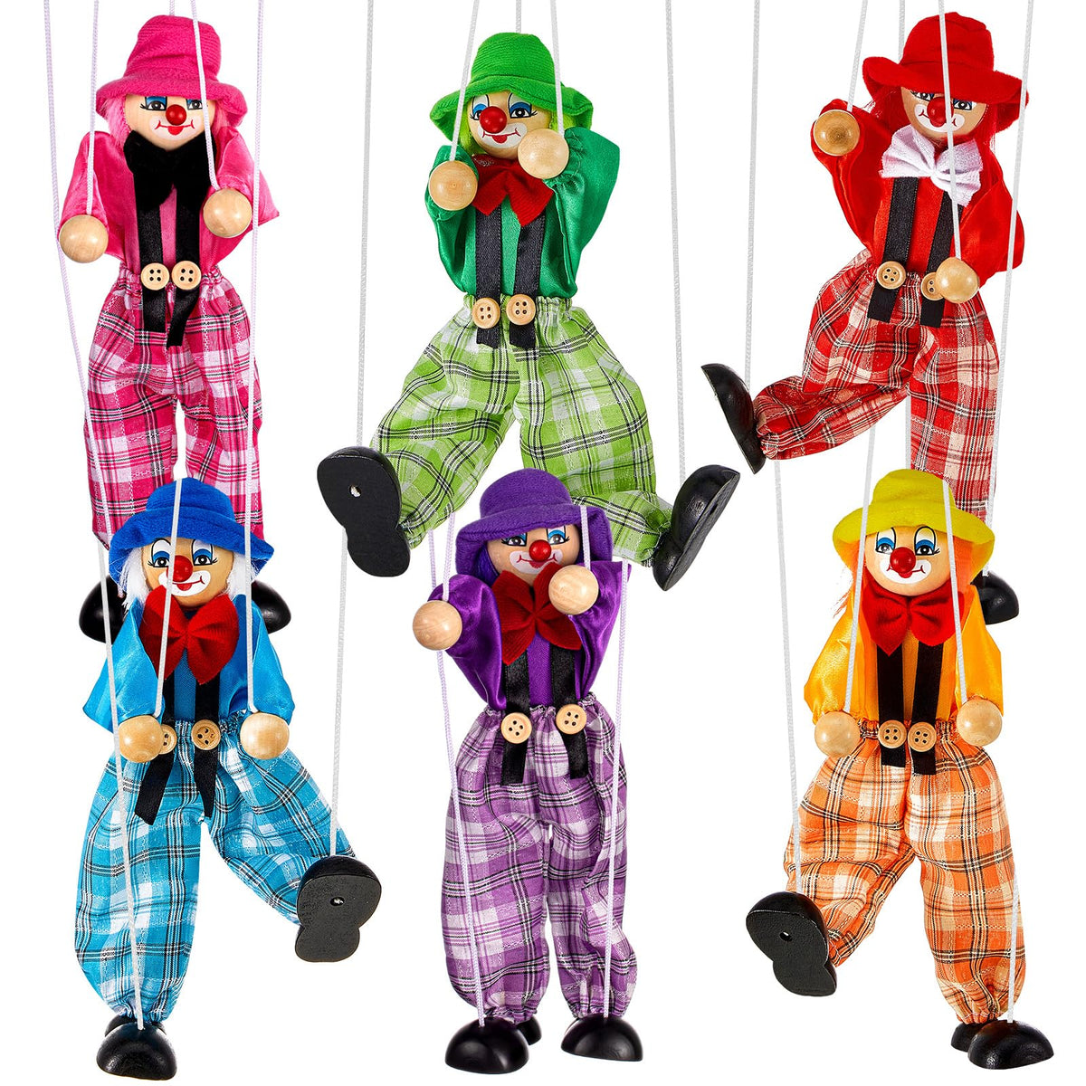 Meooeck wooden marionette clown puppet set for colorful stage play and storytelling