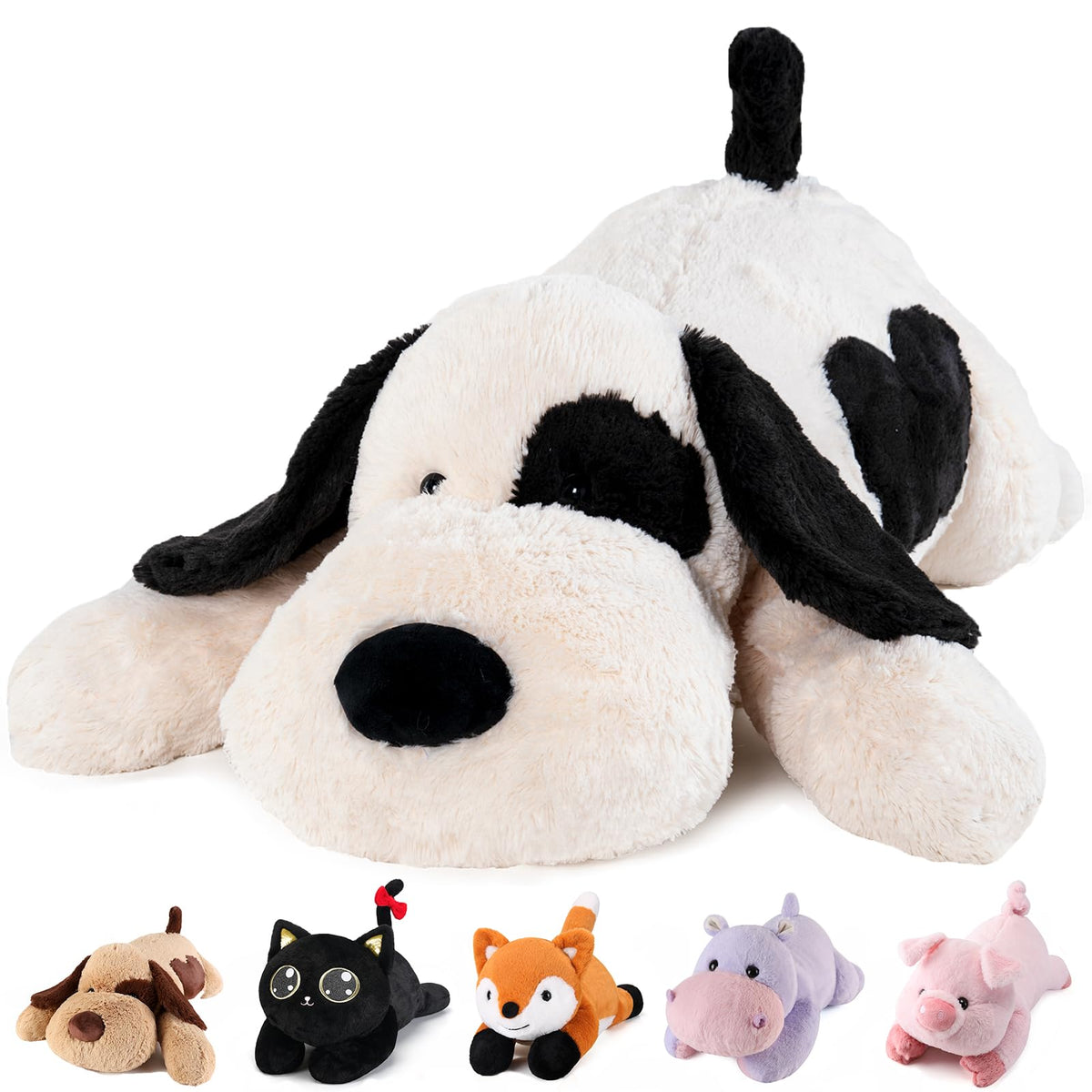 Meowtastic black and white weighted dog plush in front view offers cozy, comforting presence.