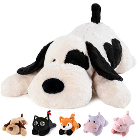Meowtastic black and white weighted dog plush in front view offers cozy, comforting presence.