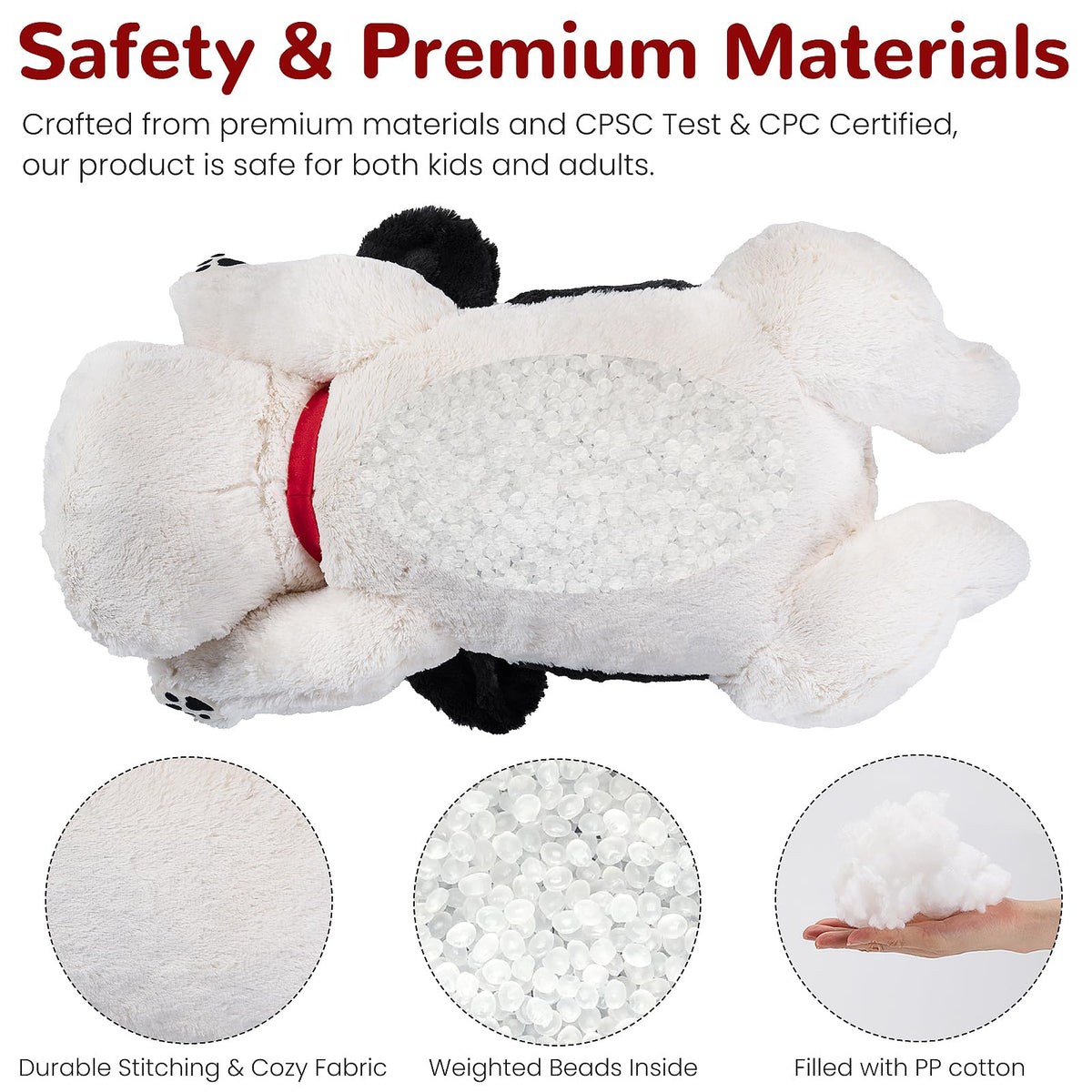 Meowtastic black and white weighted dog plush in night setting for security and comfort.