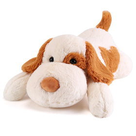 Meowtastic brown and white weighted dog plush, 22-inch, perfect for cozy hugs and warmth.