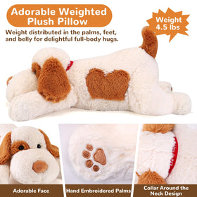 Meowtastic dog plush snuggling on a bed for bedtime comfort and support.